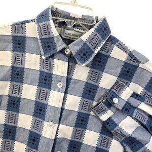 Jane Ashley Blue White Gingham Heart Button Down Shirt 100% Cotton Womens Medium
